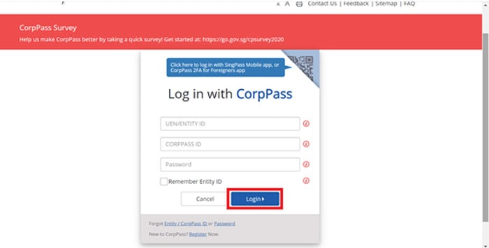 Step 2 – Select Login with CorpPass. Follow the standard CorpPass login procedure steps. 