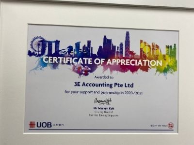 3E Accounting Receives UOB Certificate Of Appreciation For 2020/2021