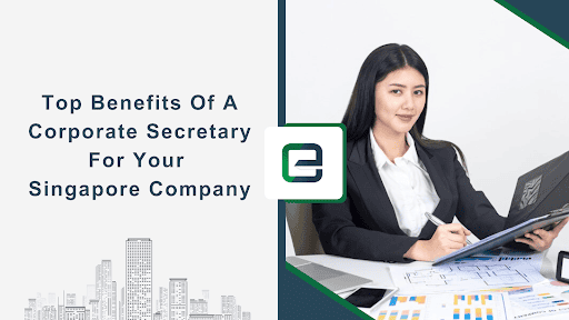 Corporate secretary reviewing company documents and compliance reports, representing professional secretarial services for Singapore business incorporation.