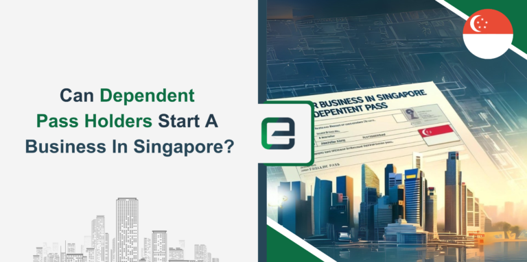a Singapore Dependent Pass document with a modern city skyline, representing guidance on how Dependent Pass holders can start a business in Singapore.