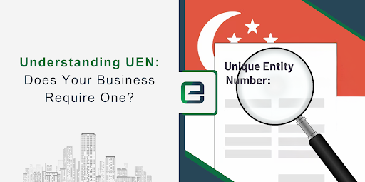 Magnifying glass focusing on the Unique Entity Number (UEN) over the Singapore flag background, representing the importance of understanding UEN requirements for businesses.