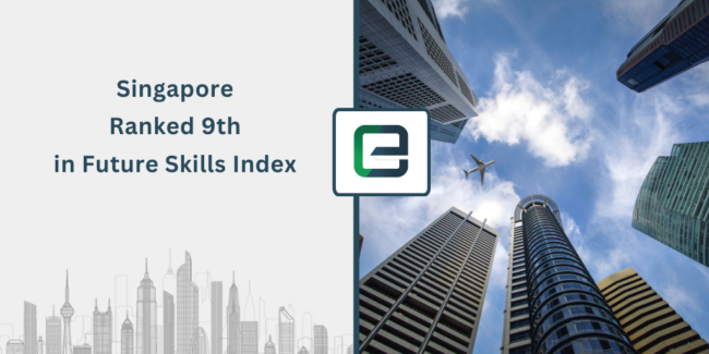 Singapore Ranked 9th in Future Skills Index A high-angle view of tall skyscrapers in Singapore with an airplane flying overhead and bold text stating "Singapore Ranked 9th in Future Skills Index