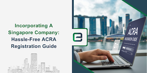 A person using a laptop displaying the ACRA registration guide with the Singapore skyline in the background, representing a hassle-free guide to incorporating a company in Singapore.
