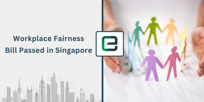Workplace Fairness Bill Passed in Singapore Hands holding colorful paper cutouts of people in a circle, symbolizing inclusion, with text on left reading “Workplace Fairness Bill Passed in Singapore