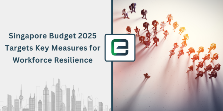 Singapore Budget 2025 infographic showing group of professionals running toward sunlight, symbolizing workforce resilience, upskilling, and economic reform initiatives in Singapore