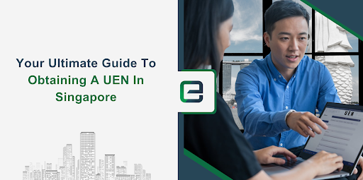 Two professionals discussing how to obtain a Unique Entity Number (UEN) in Singapore on a laptop screen, with Marina Bay backdrop and e incorporation branding.