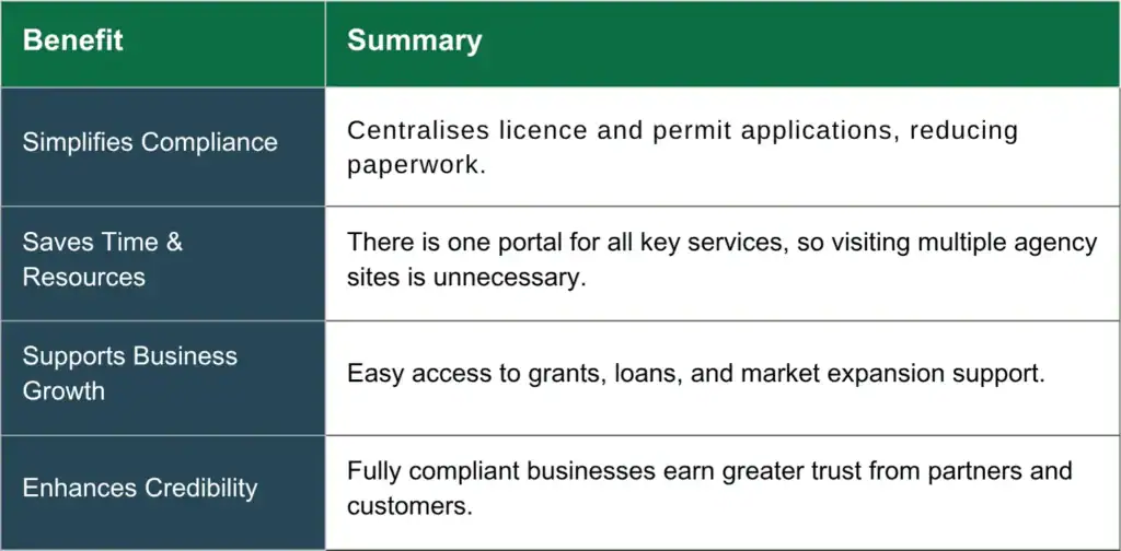 Table listing key benefits of a centralised business portal. 