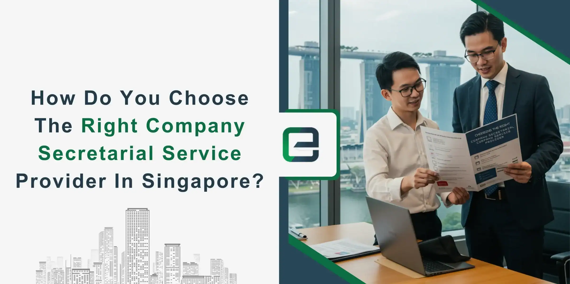 How Do You Choose the Right Company Secretarial Service Provider in Singapore Two businessmen reviewing a company secretarial service brochure in a Singapore office.