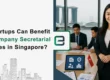 Businesswoman standing in office with team in background and Singapore skyline, representing company secretarial services for startups in Singapore.