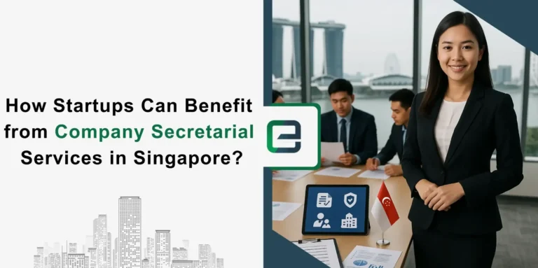 Businesswoman standing in office with team in background and Singapore skyline, representing company secretarial services for startups in Singapore.