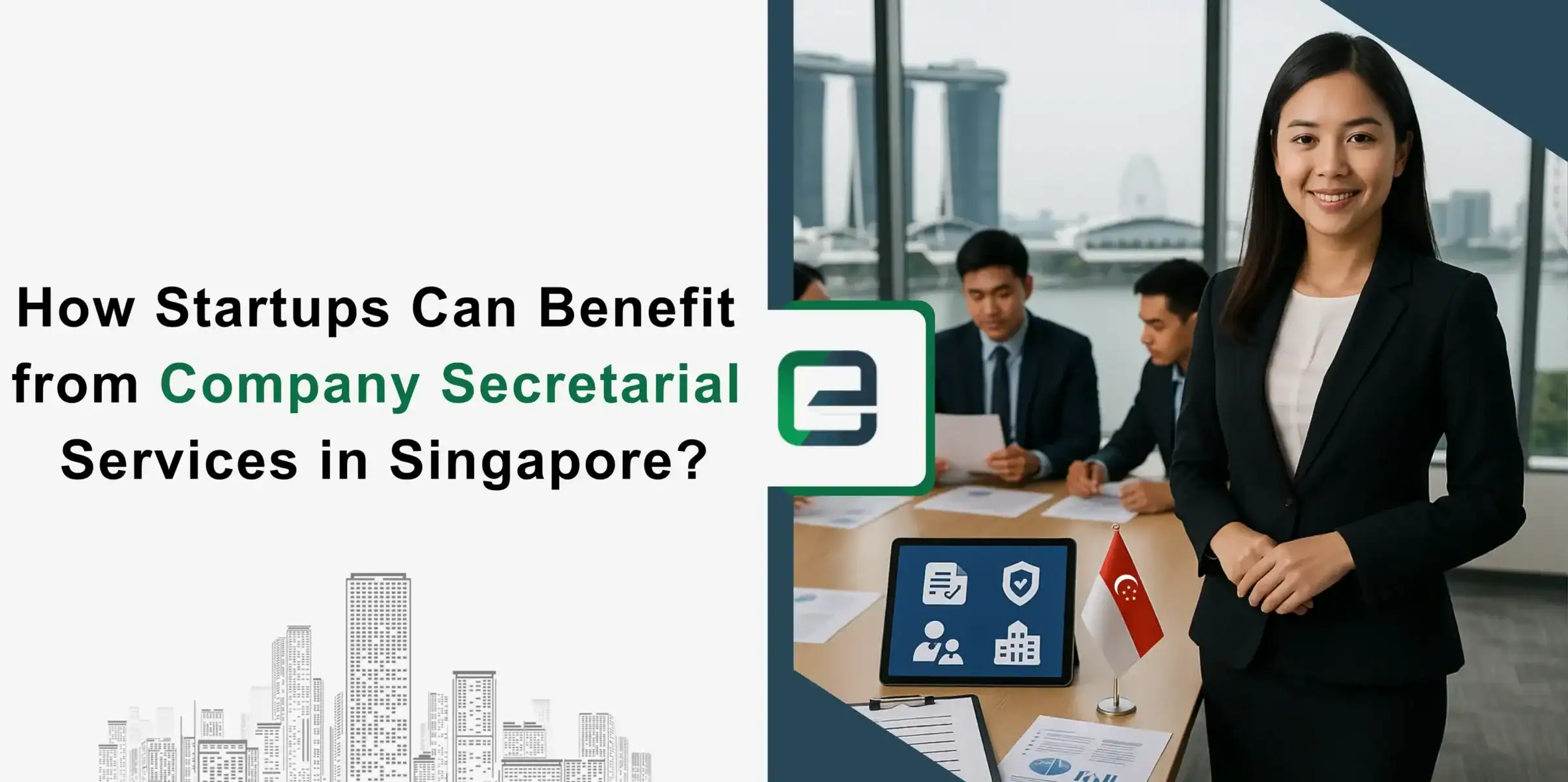How Startups Benefit from Company Secretarial Services in Singapore Businesswoman standing in office with team in background and Singapore skyline, representing company secretarial services for startups in Singapore.