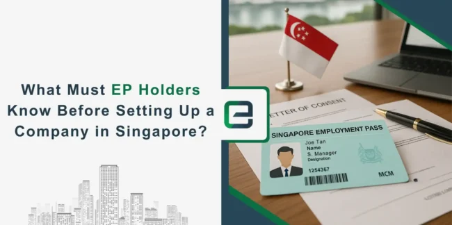 Singapore Employment Pass (EP) card on desk with documents and Singapore flag