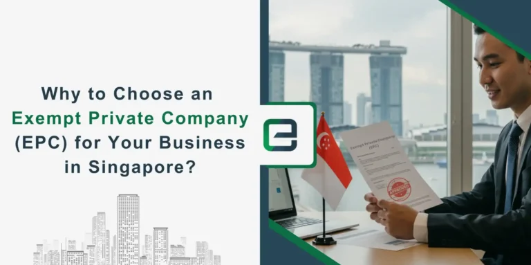 Businessman holding an Exempt Private Company (EPC) approval document in Singapore with city skyline in background