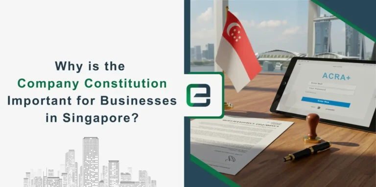 Tablet displaying ACRA+ login, Singapore flag, and company constitution document on desk with city skyline view
