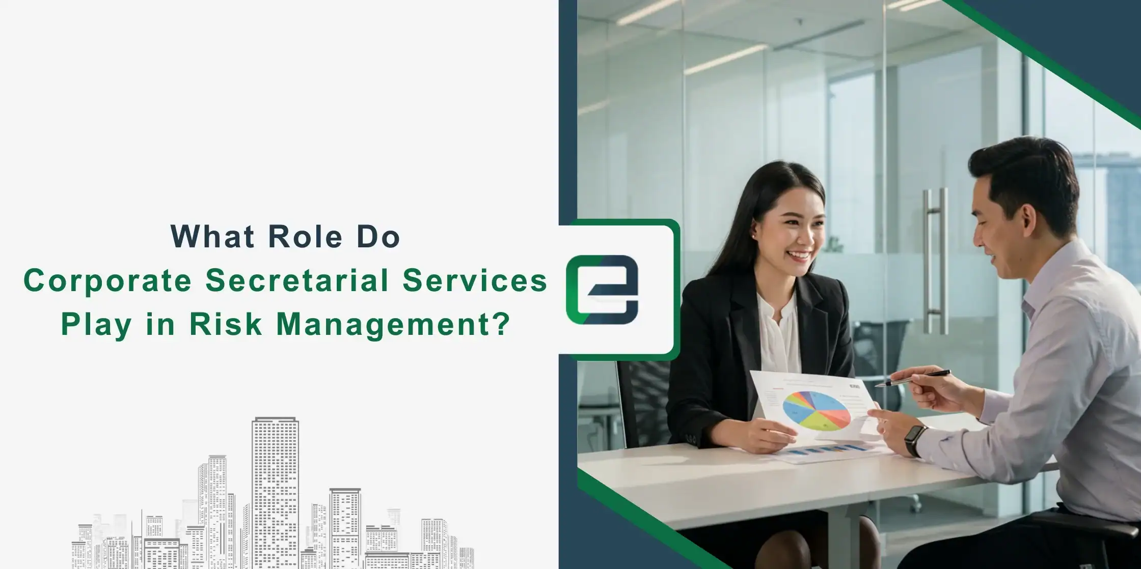 What Role Do Corporate Secretarial Services Play in Risk Management_ Two business professionals discussing a pie chart report in a modern office, illustrating the role of corporate secretarial services in risk management.